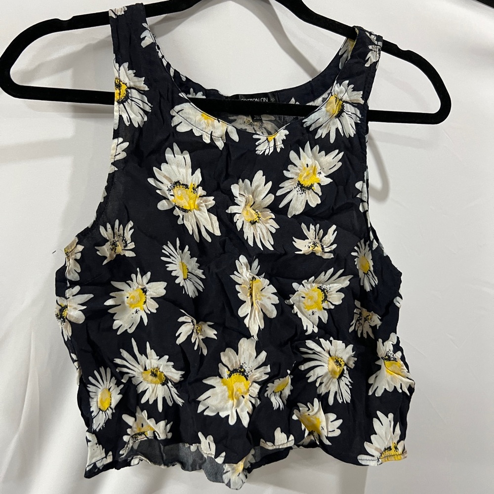 Floral Sleeveless Top - Navy and White